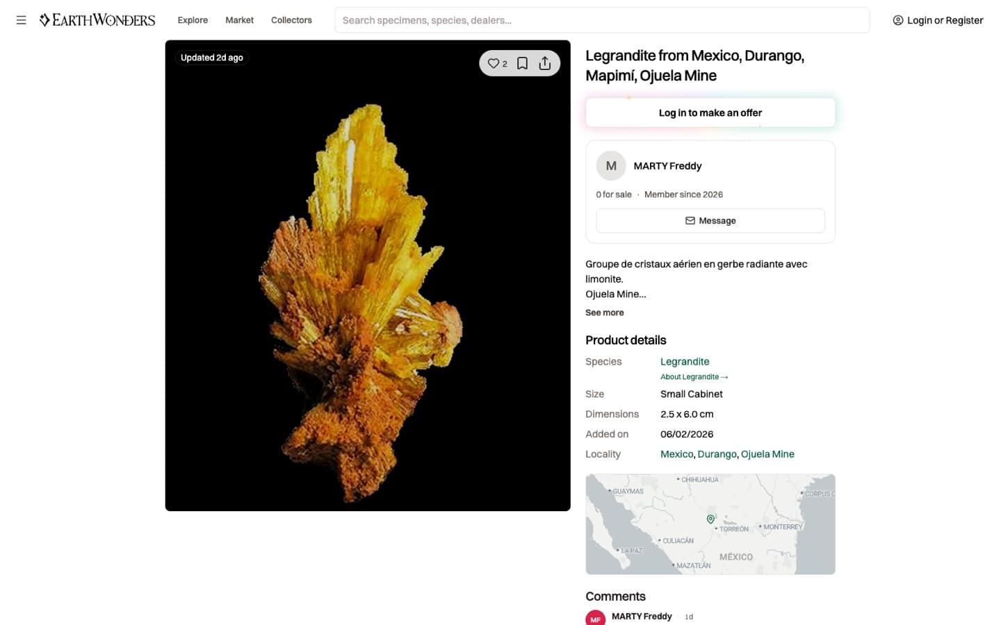 An EarthWonders listing showing specific species, dimensions, locality with map, and seller information