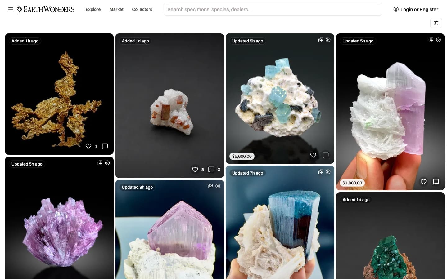 A grid of mineral specimen listings shared by EarthWonders collectors