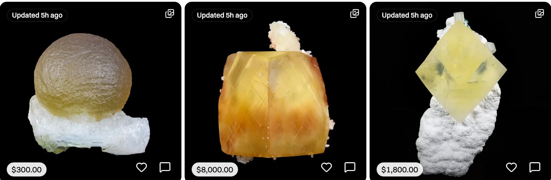 Three specimen cards on the EarthWonders market showing photos, prices, and like buttons