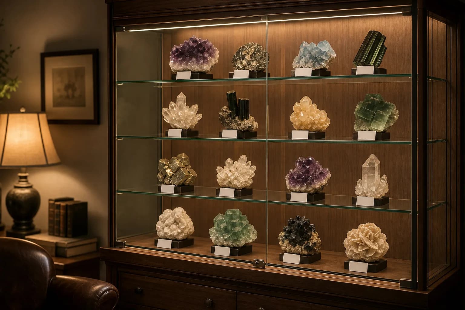 A glass display cabinet with warm LED lighting holding labeled mineral specimens on glass shelves