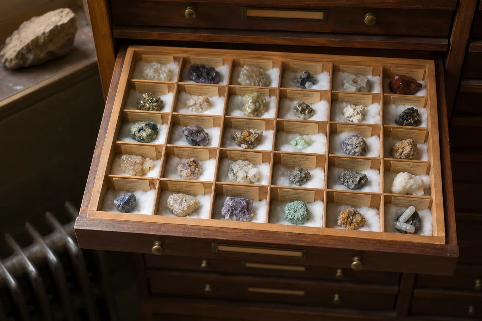 An open wooden specimen drawer with compartments holding small labeled minerals on cotton padding