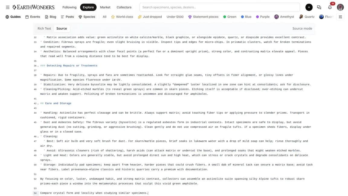 The wiki guide editor with metadata, guide text, and a preview