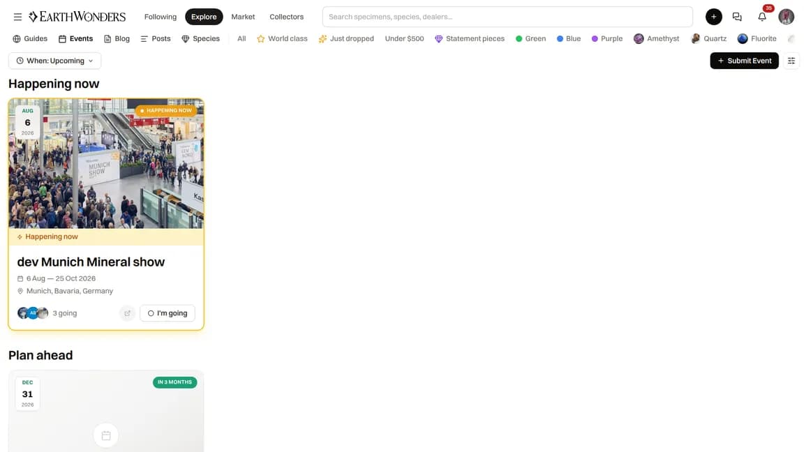 The events directory showing upcoming mineral events