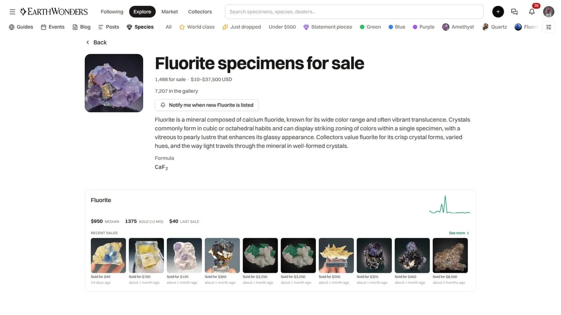 A mineral species page with its description and current listings