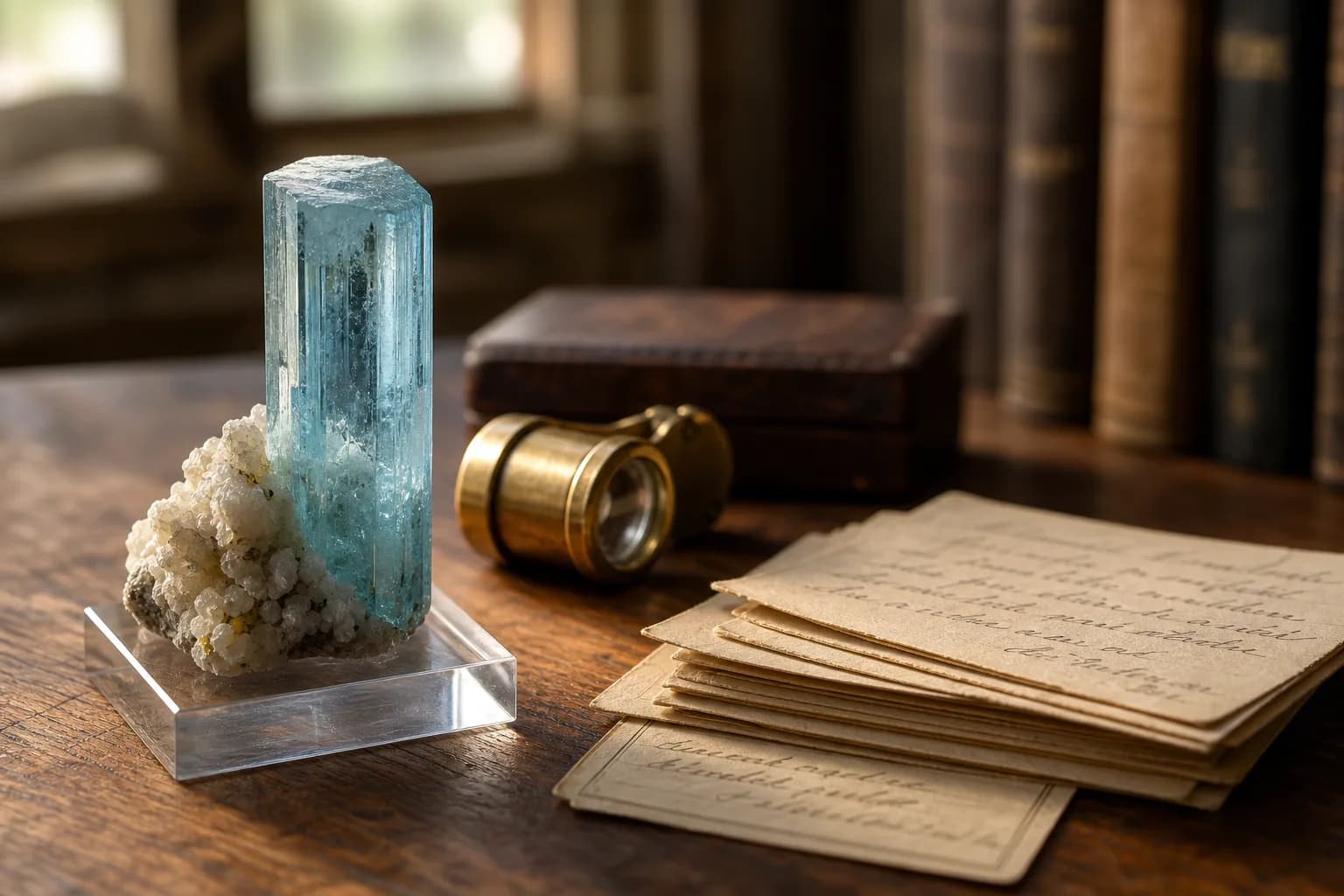 A mineral specimen beside decades of handwritten collection labels and catalog cards