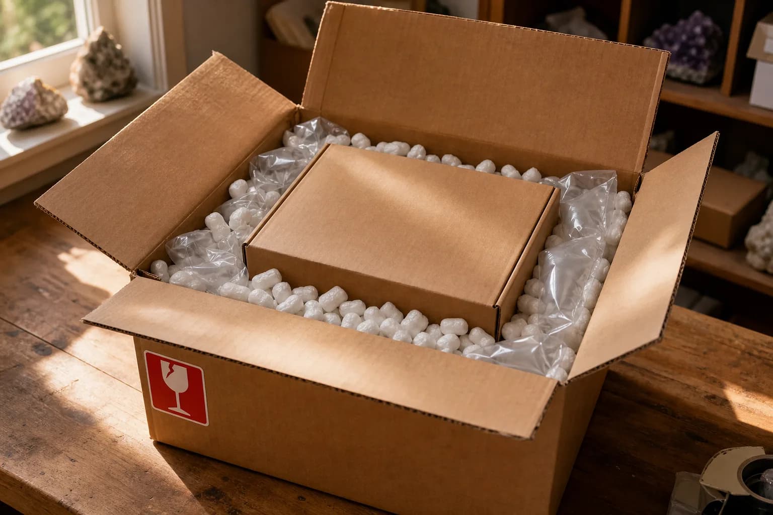 A smaller box nested inside a larger shipping box, surrounded by foam peanuts, with a fragile label on the outer box