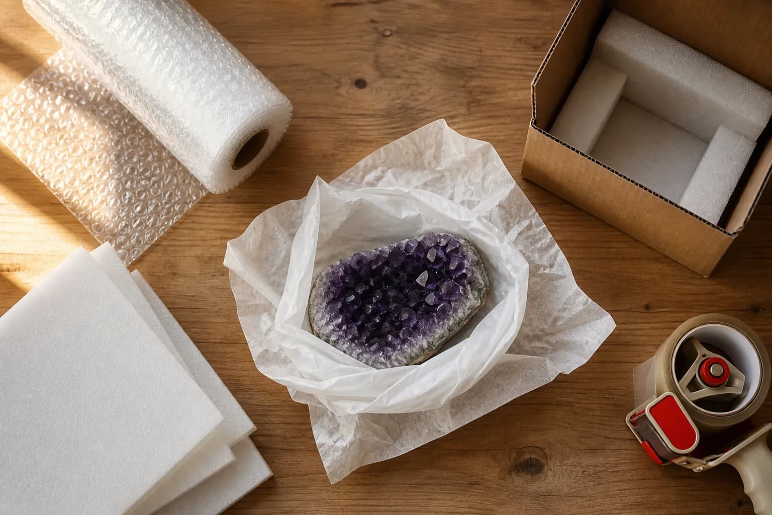 An amethyst cluster wrapped in tissue paper surrounded by bubble wrap, foam sheets, a small box and a tape dispenser