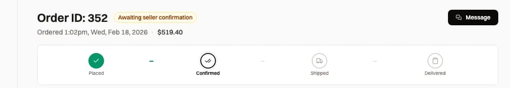 A buyer's order showing the Placed → Confirmed → Shipped → Delivered status tracker