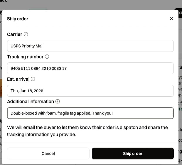 Ship order dialog with fields for carrier, tracking number, estimated arrival and notes