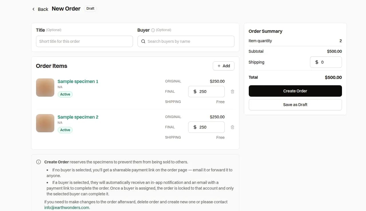 Seller order form showing an order title, optional buyer, item final prices, and one shared shipping charge