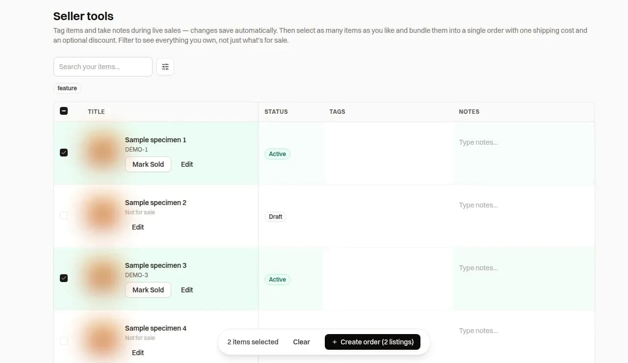 Seller tools inventory with two Active listings selected and a Create order button in the selection bar