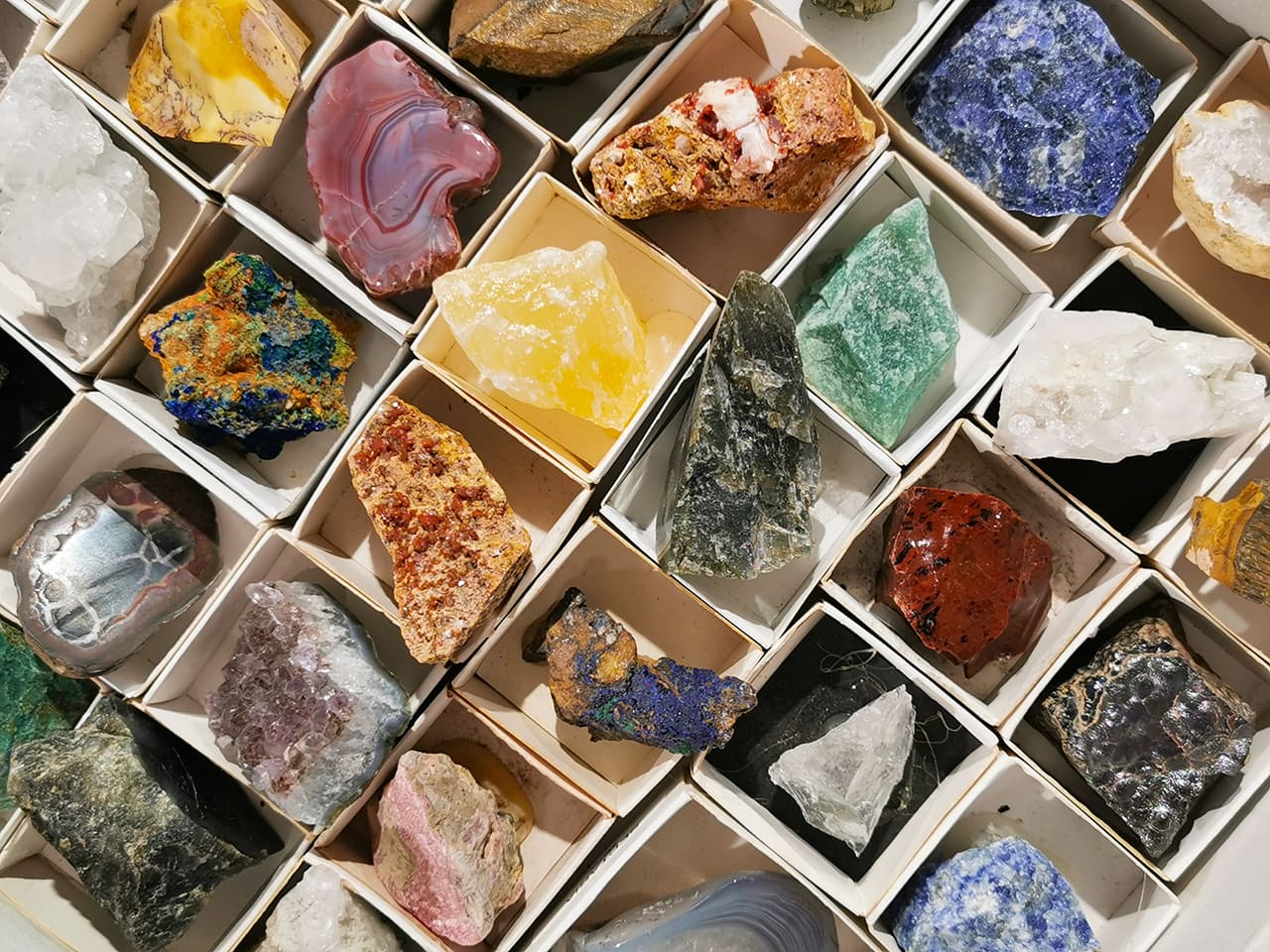 Collection of colorful mineral specimens in organized boxes