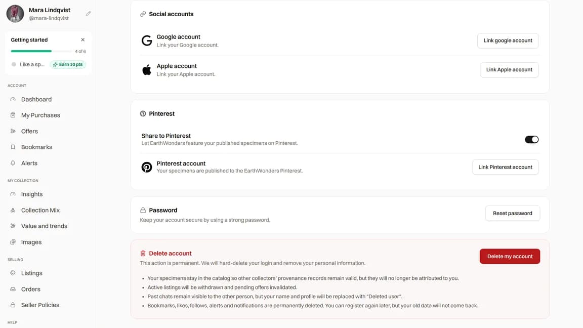 Preferences showing social accounts, password reset, and account deletion