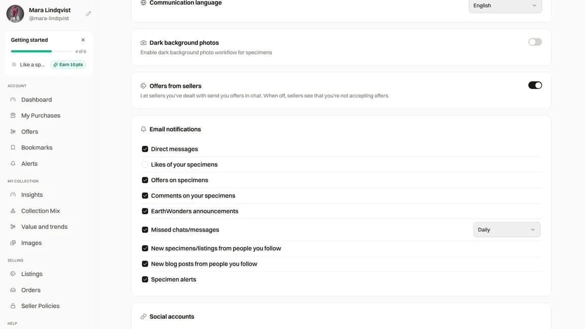 Preferences with the email notification categories and missed-chat frequency