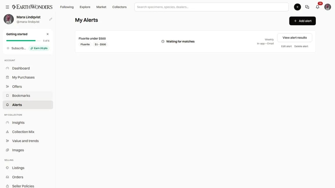 The Alerts list with saved filters, last match, frequency, and view, edit and delete actions