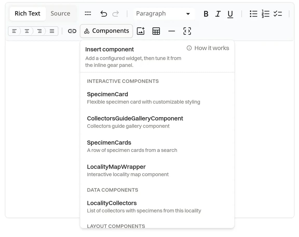 The Components menu open in the blog editor, listing SpecimenCard, CollectorsGuideGalleryComponent, SpecimenCards, LocalityMapWrapper and LocalityCollectors