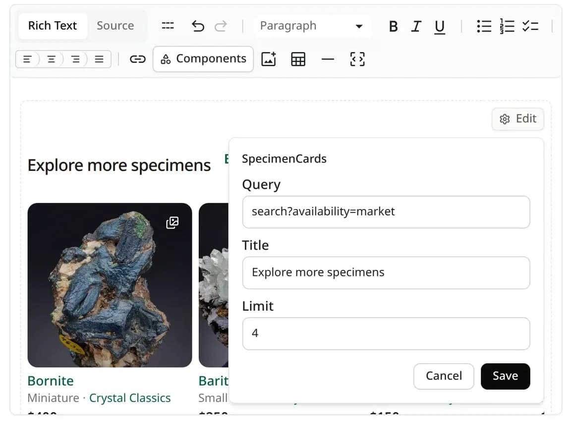 A SpecimenCards component in the editor with its Edit panel open, showing Query, Title and Limit fields and Save and Cancel buttons