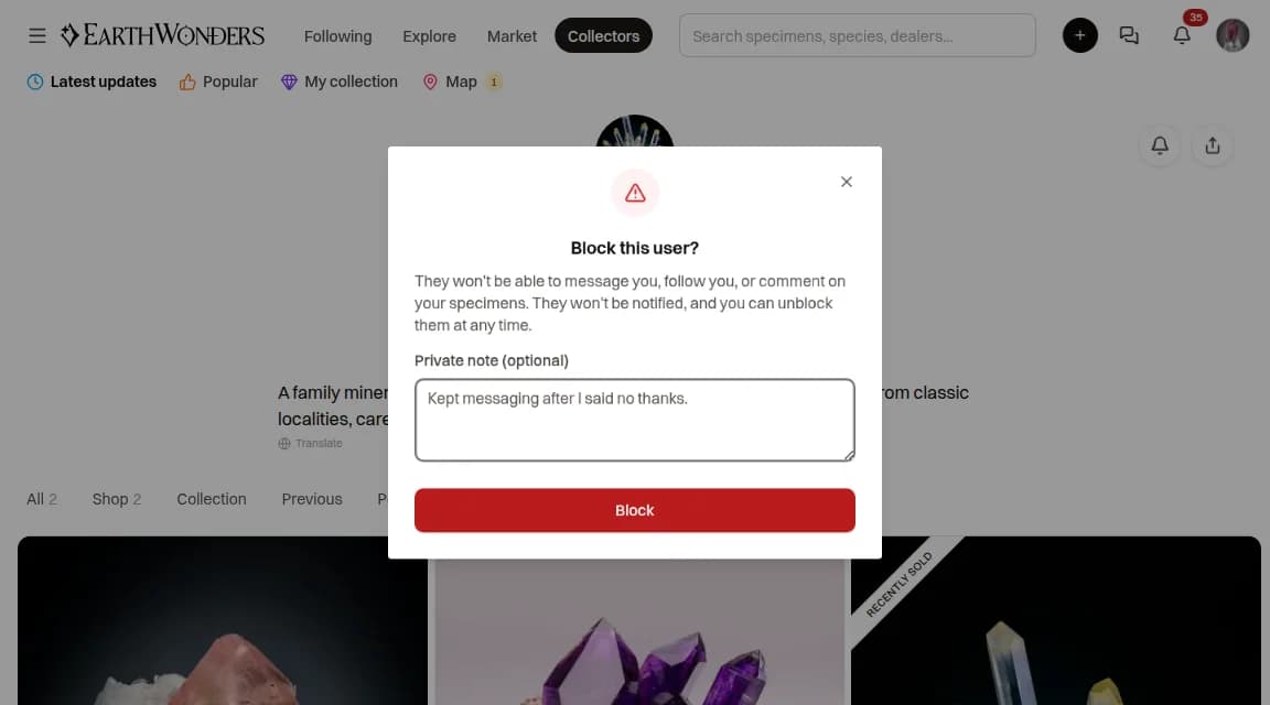 The Block this user? dialog with a private note typed in and a red Block button