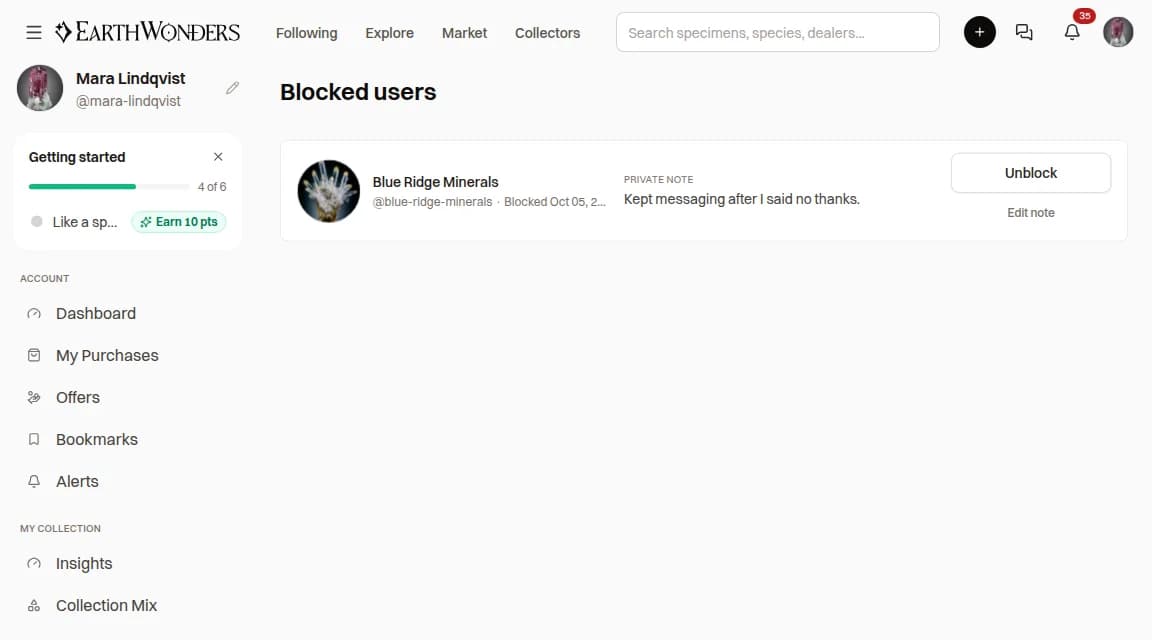 The Blocked users page listing one member with the block date, a private note, and an Unblock button