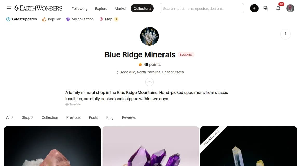 The same profile with a red Blocked badge next to the name and no Follow or Message buttons