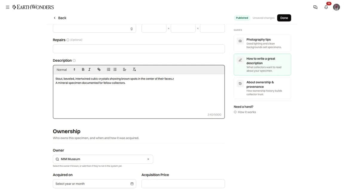 The specimen contribution form with specimen details, ownership, provenance, and publications