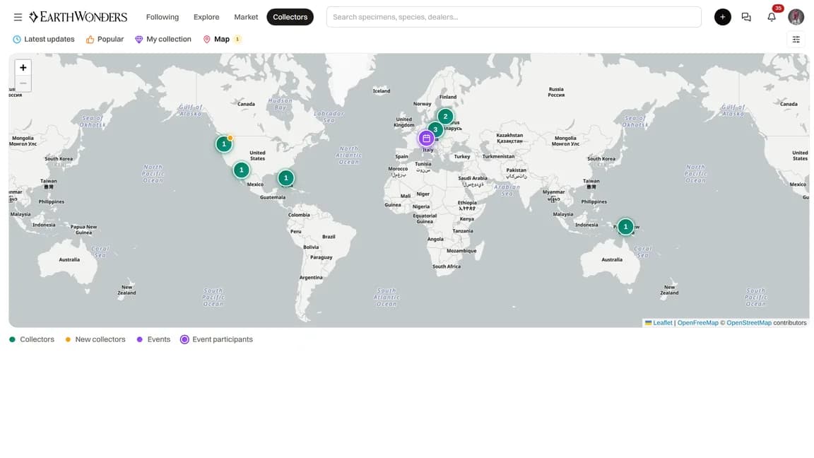 The collectors map with collector groups and event markers