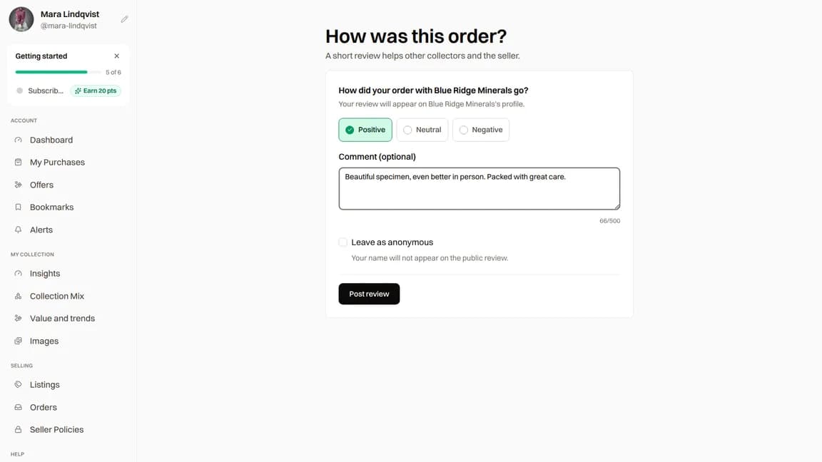 The review form with sentiment choices, an optional comment and the anonymous review option
