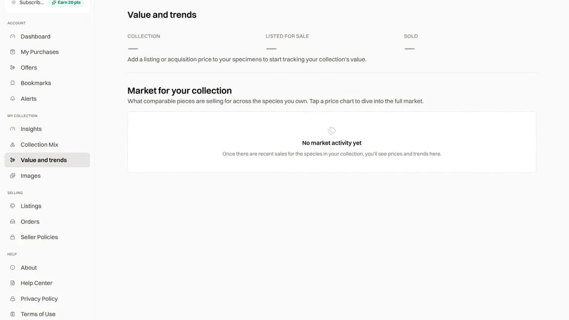 Value and trends showing collection, listed and sold values with species market data