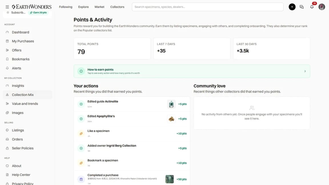 Points & Activity showing a points summary and activity lists