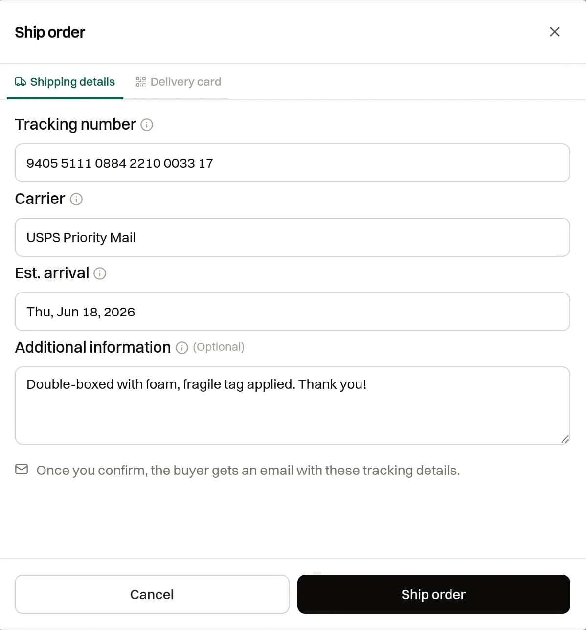 Ship order dialog with two tabs, "Shipping details" and "Delivery card" — carrier, tracking number, estimated arrival and notes