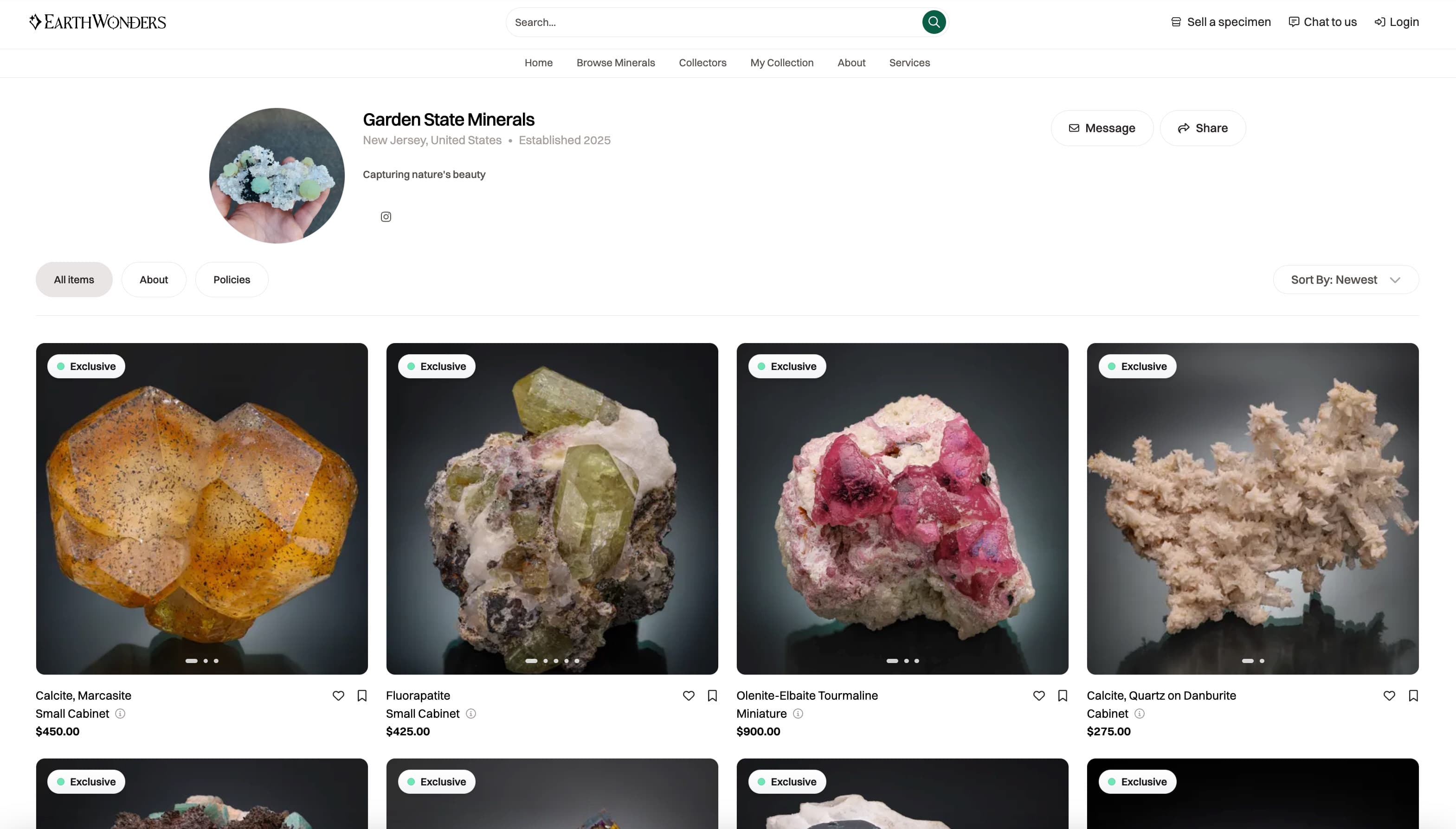 Garden State Minerals store page